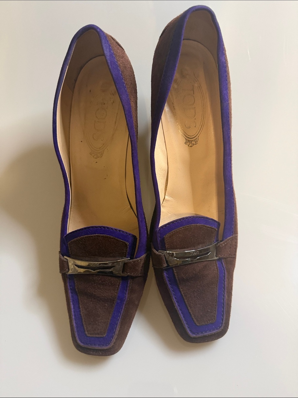 Tod's Brown Suede Heels with Purple Trim
